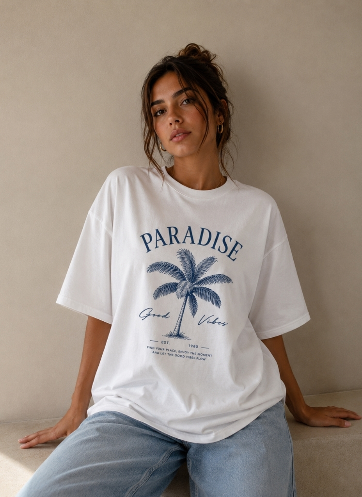 Camiseta Oversize Summer Paradise Blanca Mujer